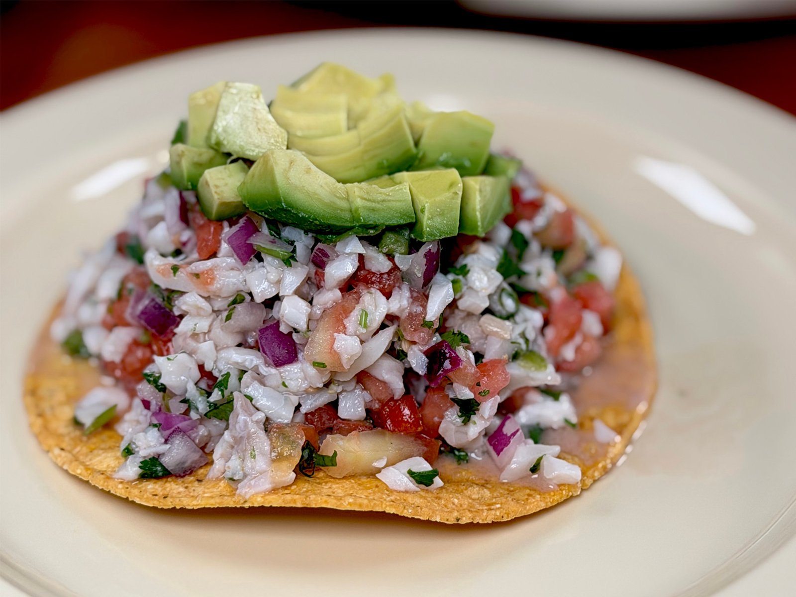 Refreshing Tostada De Ceviche — authentic Mexican food at Los Periquitos Market and Taqueria Santa Cruz CA